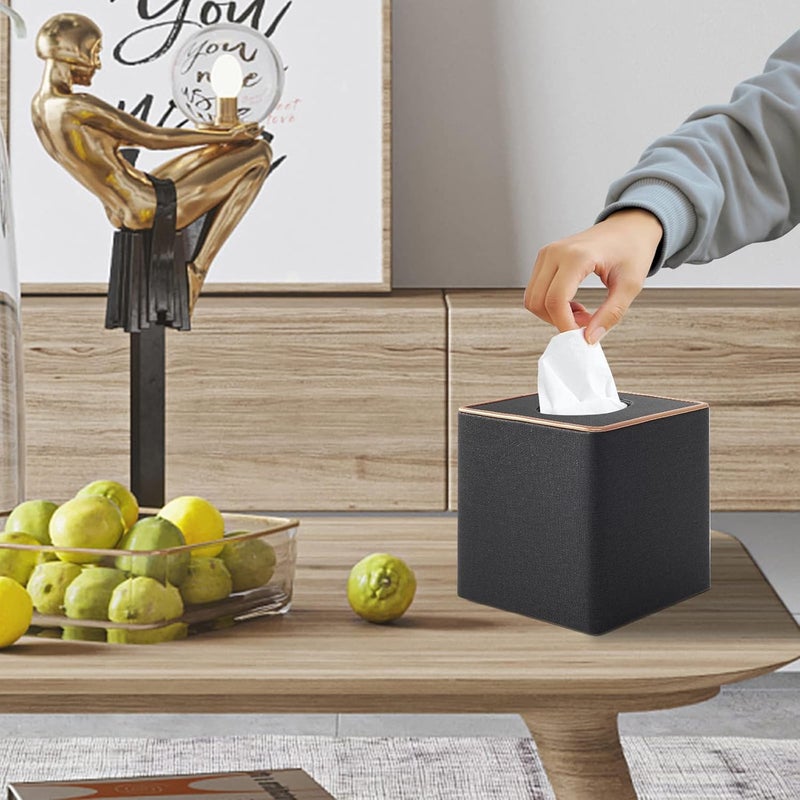 XNONE Tissue Box Cover Square Tissue Box Holder PU Leather Facial Organizer with Magnetic Bottom,Decorative Napkin Caddy for Vanity Dresser Night Stand Table Countertop Home Office Car,Black - Image 4